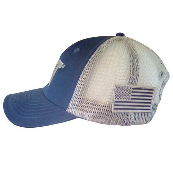 CAT:Unisex Baseball Cap, Trucker Hat, Navy Blue White Mesh American Flag Patch - Picture 2 of 6